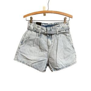 BlankNYC Light Blue High Rise Belted Paperbag Pleated Shorts Size 26 NWT